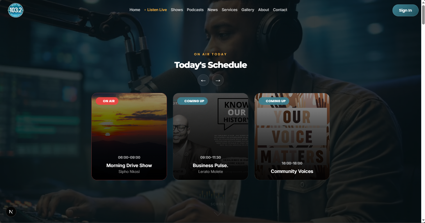 Placeholder screenshot, MuziFM programming schedule page